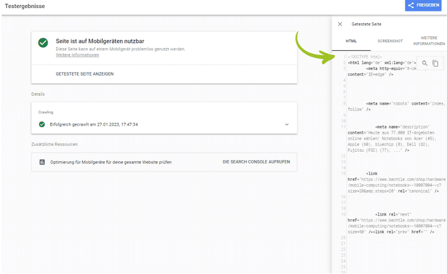 Beispiel für den HTML-Code im Mobile-Friendly-Tool 