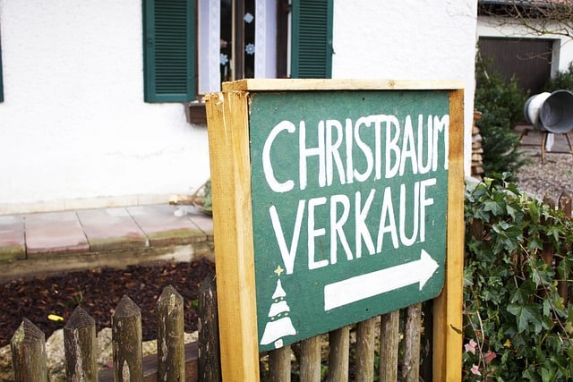 Bild zeit ein Schild, das zum Christbaumverkauf weist