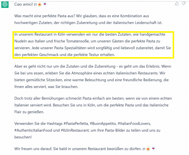 Screenshot: Der mittlere Teil des Textes, den ChatGPT für Deinen Social Media Beitrag vorschlägt