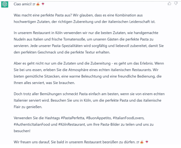 Screenshot: Der ursprüngliche von ChatGPT vorgeschlagene Text für einen Social Media Beitrag