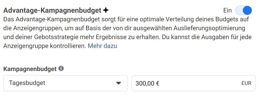 Screenshot: Kampagnen Budget bei Facebook einstellen