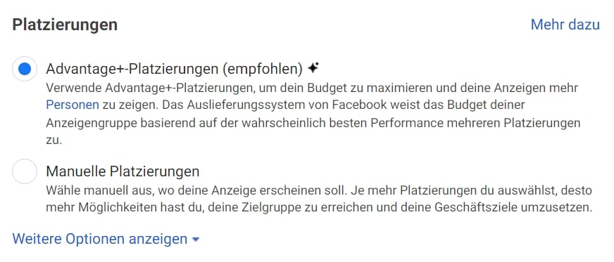 Facebook Platzierungsoption auswaehlen