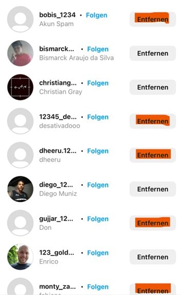 Screeshot Instagram follower löschen