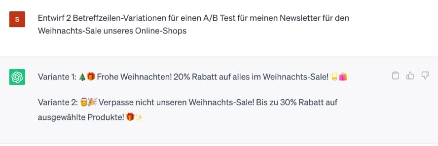 Hier siehst Du ein Beispiel für eine Generierung für Betreffzeilen Variation für A/B-Tests mit ChatGPT. 