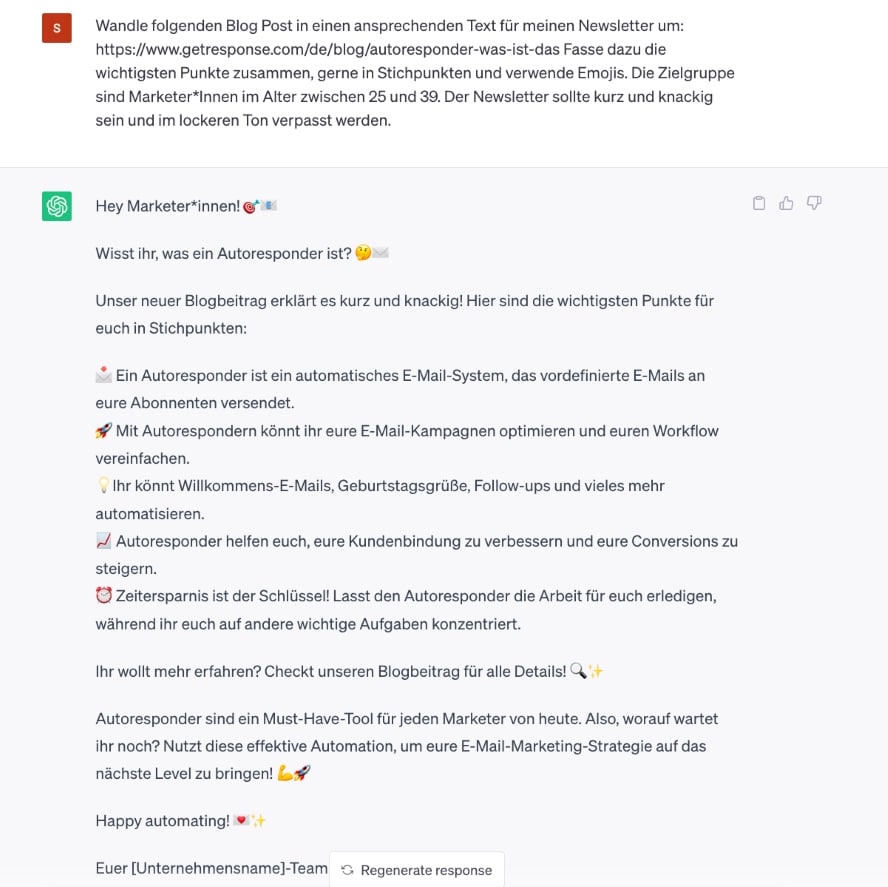 Mit ChatGPT kannst Du einen Blogpost in einen Newslettertext umwandeln. Hier siehst Du ein Beispiel dazu. 