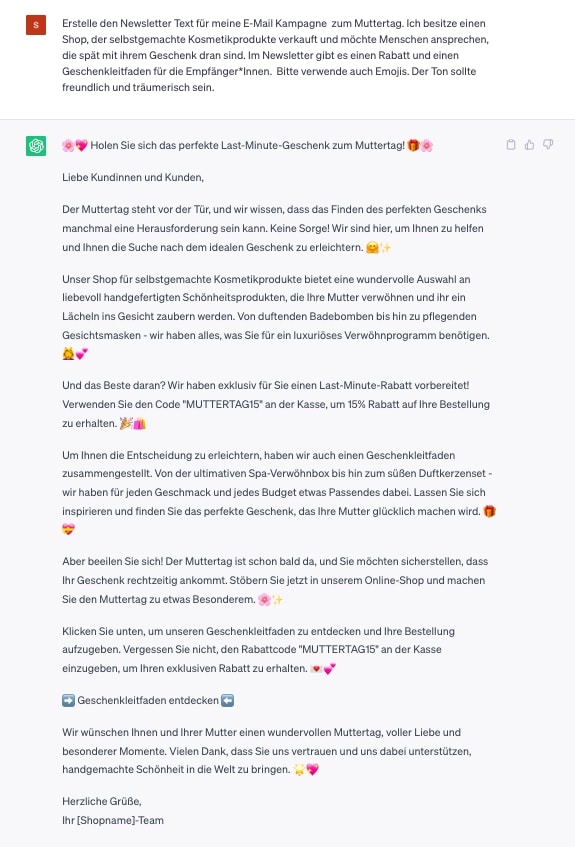 Hier siehst Du ein Beispiel für eine E-Mail-Makreting-Kampagne generiert mit ChatGPT.