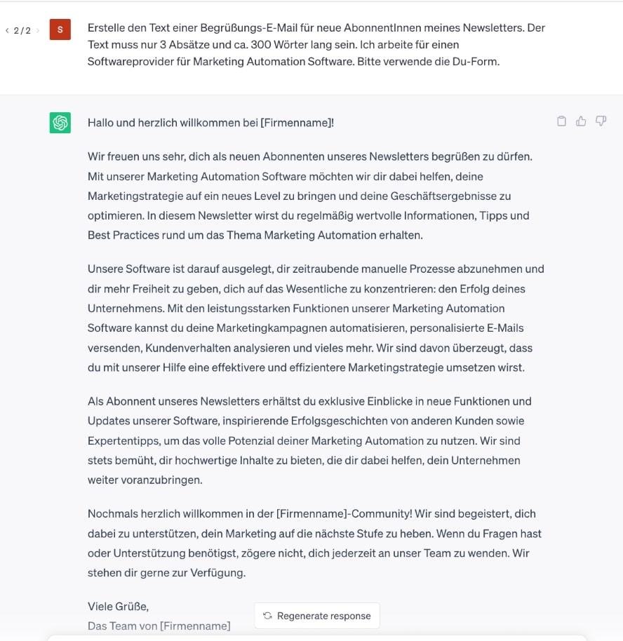 Hier siehst Du ein Beispiel wie Du mit ChatGPT einen Text für eine Willkommensmail generieren kannst. 