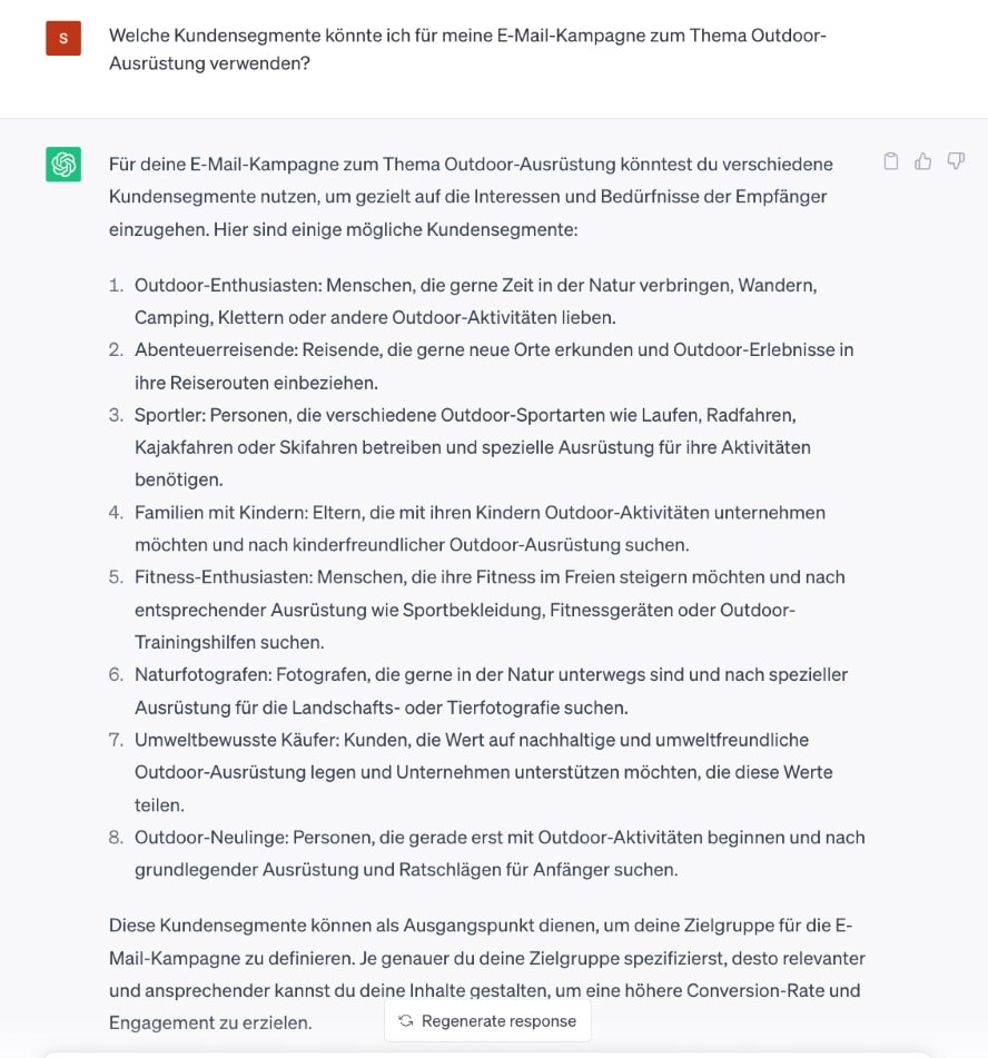 ChatGPT kann Dir Kundensegmente generieren, um Deine Willkommensmails zu segmentieren. Hier ein Beispiel. 