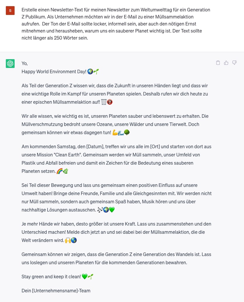 Hier ein Beispiel wie Du mithilfe von ChatGPT einen Text für eine Zielgruppe generieren lassen kannst.