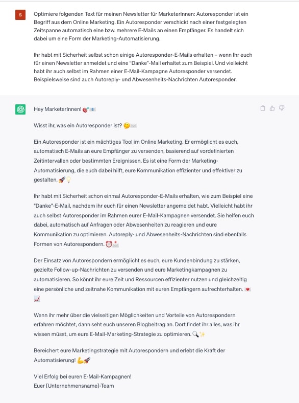 Hier siehst Du ein Beispiel wie Du mit ChatGPT Deinen Text für Deine Willkommensmail optimieren kannst. 