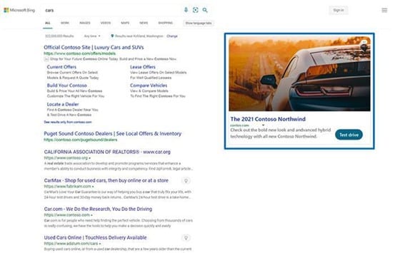 Multimedia Ad Beispiel in der Seitenleiste auf der Bing Suchergebnisseite