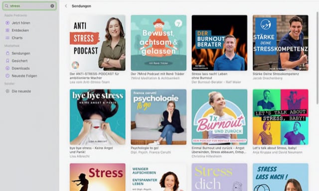 Suchmaske der Apple-Podcastsuche wo im Suchschlitz das Keyword "stress" steht und rechts daneben die Liste der vielen Suchergebnisse