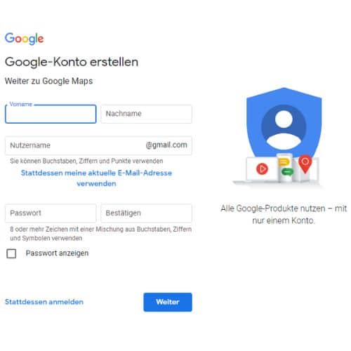 Screenshot Google Account erstellen 