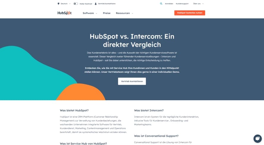 Screenshot aus Hubspots Vergleichseite 