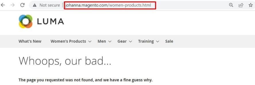 404-Fehler auf URL „women-products.html“ nach Entfernung von „.html“