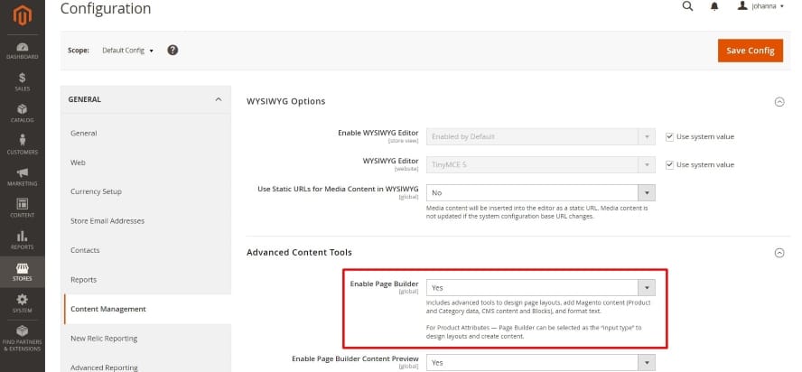 Einstellungen mit der Option „Enable Page Builder“