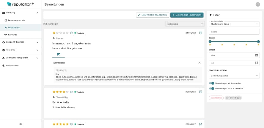 Bewertungen - Bewertungen kommentieren Screenshot aus Reputativ