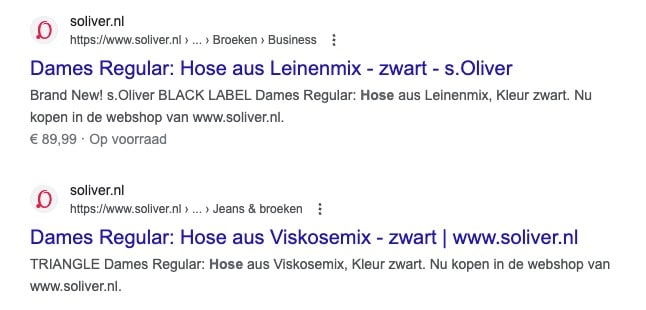 Der Screenshot zeigt ein Beispiel von Metadaten, die Google selbst ausgewählt hat. Es handelt sich hier um eine Mischung von Deutsch und Niederländisch. 