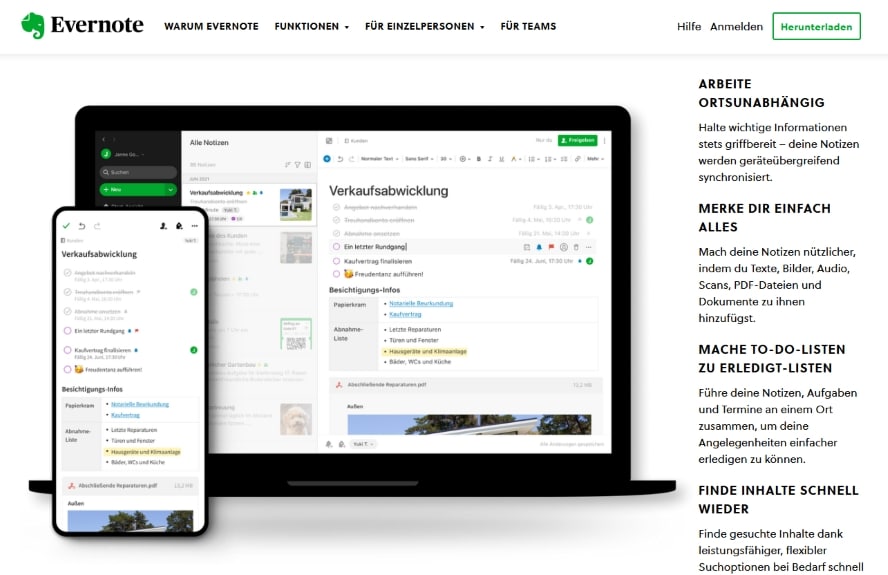 Hier siehst Du eine Beispiel Website für gute Vorteilskommunikation: Evernote