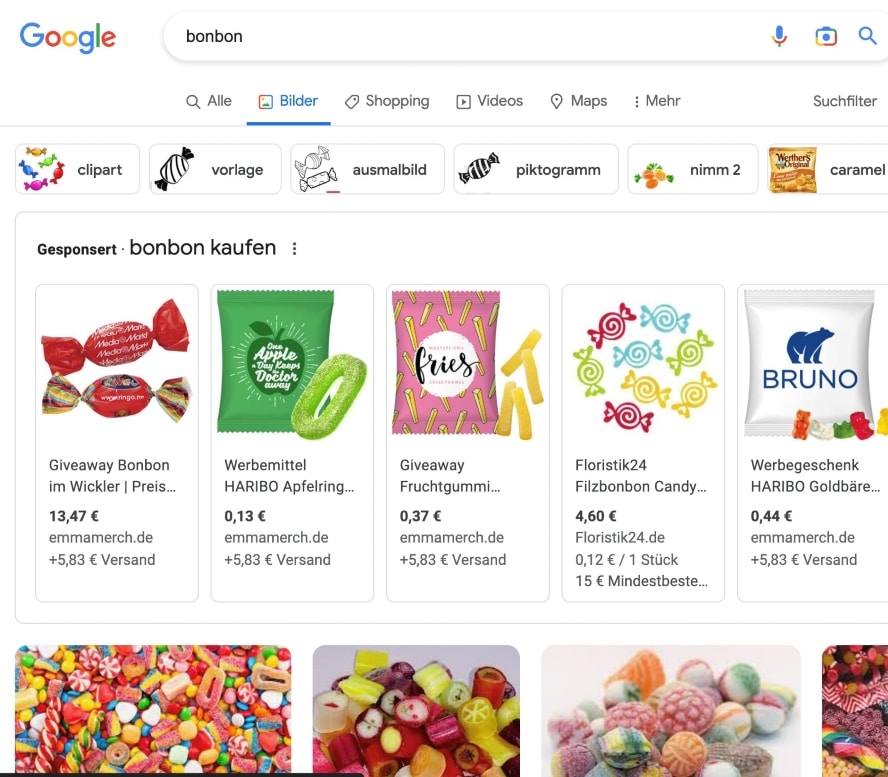 Hier sieht man, dass für den Begriff Bonbon keine Pralinen bei Google Bildersuche in den Niederlanden angezeigt werden. 