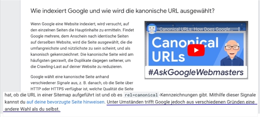 Auszug aus Google Handling zu Canonical. 