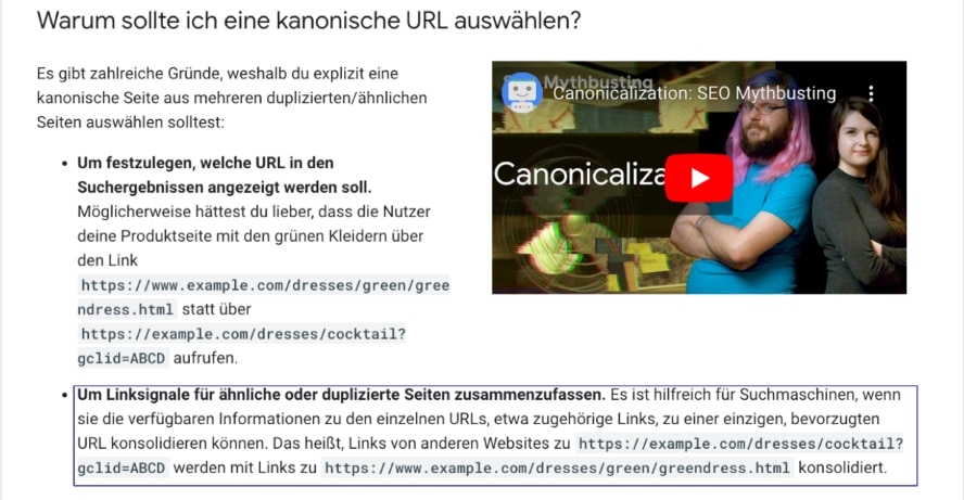 Auszug von Google Meinung über Wirkung Canonical. 