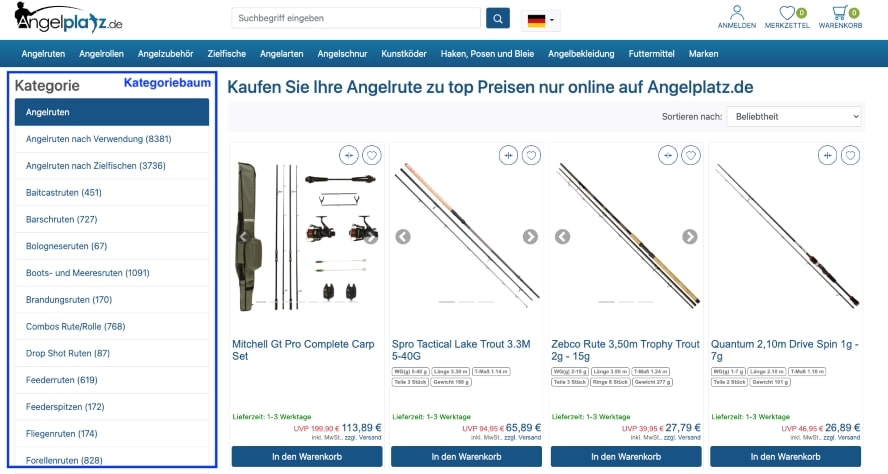 Hier siehst Du den Kategoriebaum bei dem Onlineshop angelplatz.de. 