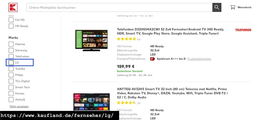 Hier siehst Du ein Beispiel auf der Website von Kaufland für Facettennavigation von LG.