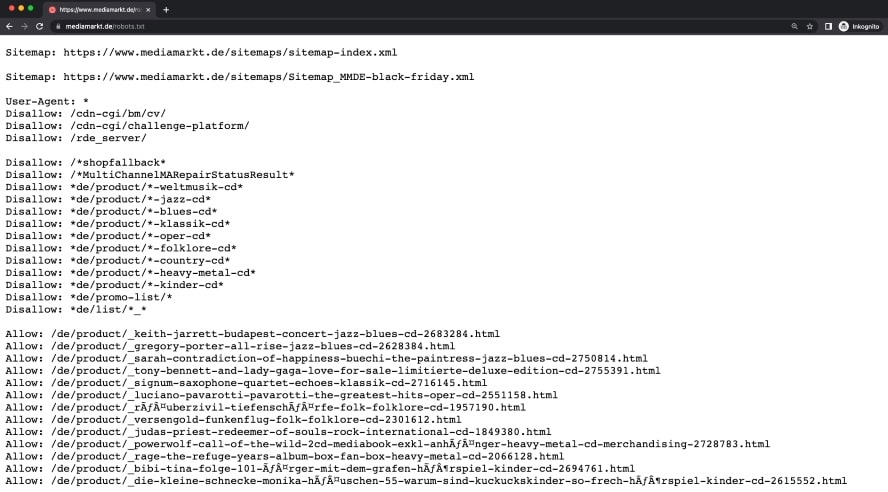Hier siehst du die robots.txt von Media Markt. 