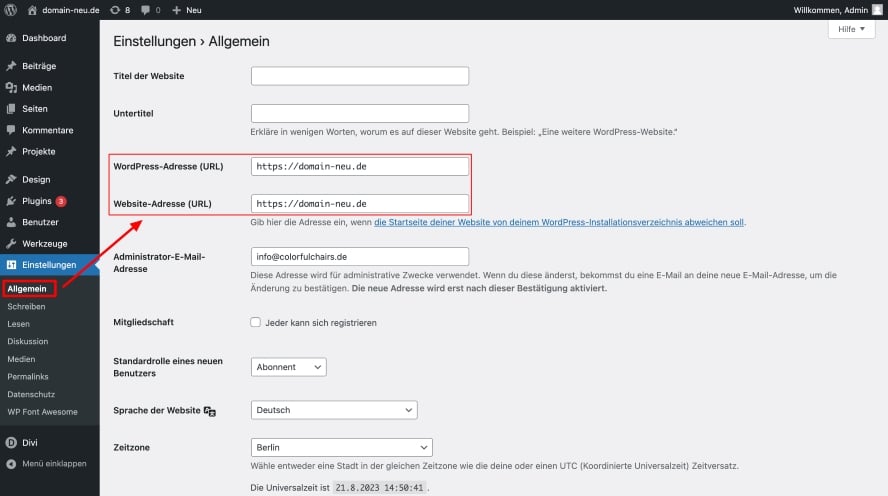 Das WordPress-Dashboard und wie man die WordPress-URL dort ändern kann