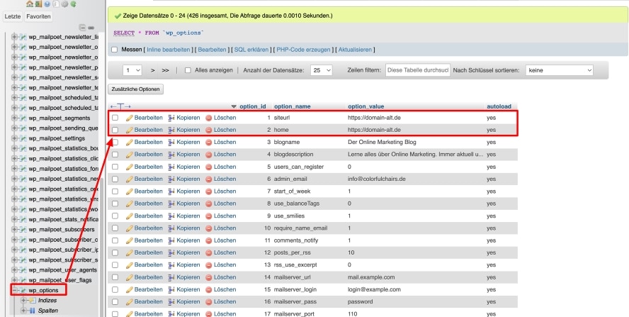 Änderung der WordPress-URL in der Datenbank mit PHPMyAdmin 