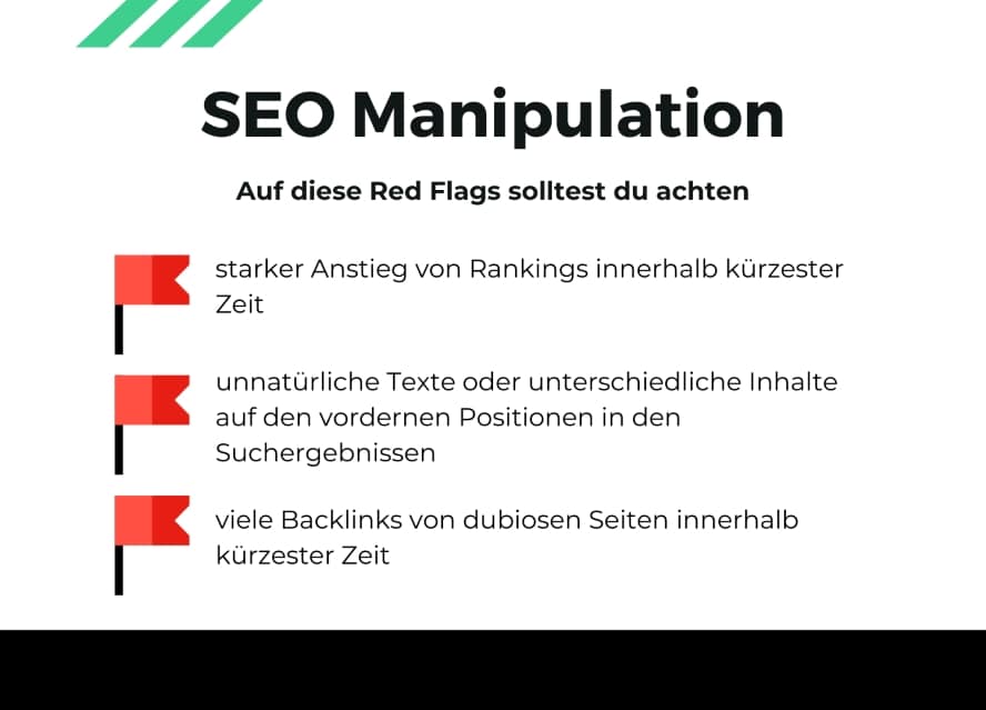 Übersicht auf welche Red Flags du achten musst, damit dir Black Hat SEO und SEO Manipulation auffällt 