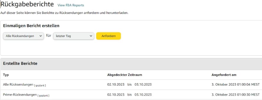 Ein Abbild aus dem Amazon Seller Central, um Rückgabeberichte herunterzuladen.