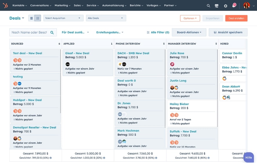 Screenshot aus HubSpot Übersicht der Deals und Dealphasen