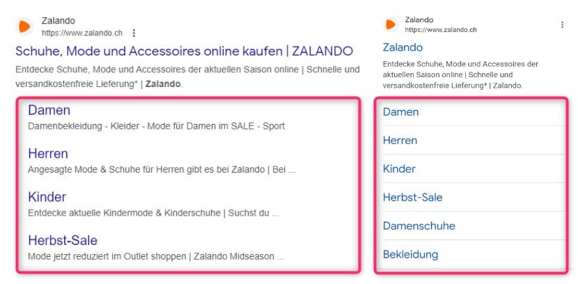 Beispiel Sitelinks bei Zalando 