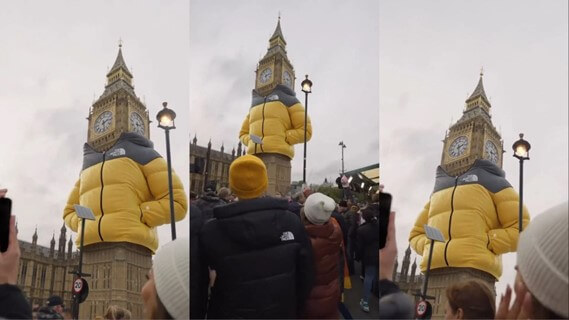 Generative Künstliche Intelligenz manipuliert Bild bzw. Video-Daten und bekleidet den Big Ben mit North Face Jacke 
