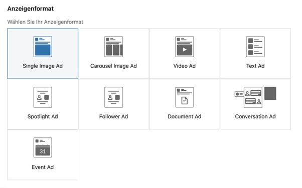 LinkedIn Ads Anzeigenformate auswaehlen bei LinkedIn