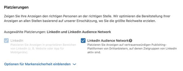 LinkedIn Ads Anzeigenplatzierung auswaehlen bei LinkedIn