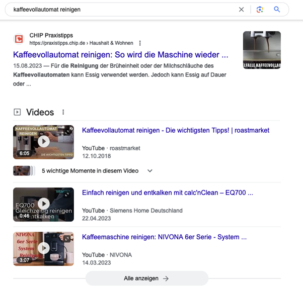 Videos als SERP Integration in der Google Suche zu Kaffeevollautomat reinigen