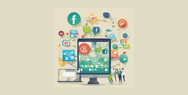 Grafik mit einem Desktop und Laptop Bildschirm und verschiedene Social Media Icons um die Bildschirme herum.