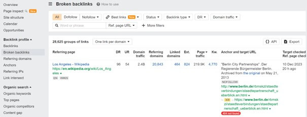 Screenshot Ahrefs broken Backlinks