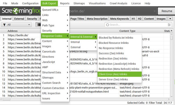 Screenshot ScreamingFrog korrigieren von broken Links