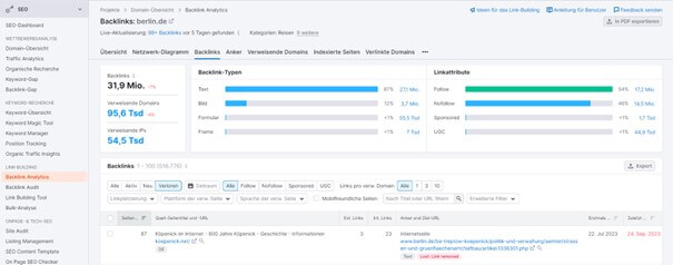 Screenshot Semrush Link-Datenbank