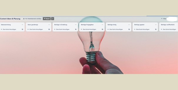 Screenshot einem Trello Board mit einem Ablauf zur Social Media Content-Erstellung.