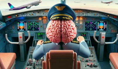 DALL-E Bild Pilot in Cockpit zu sehen mit Hirn