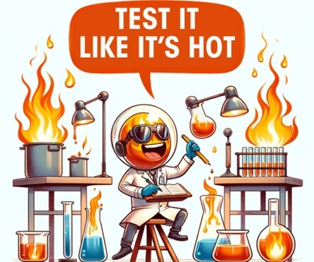 DALL-E Bild Test it like its hot - Figur inmitten einer Testwerkstatt mit Feuer