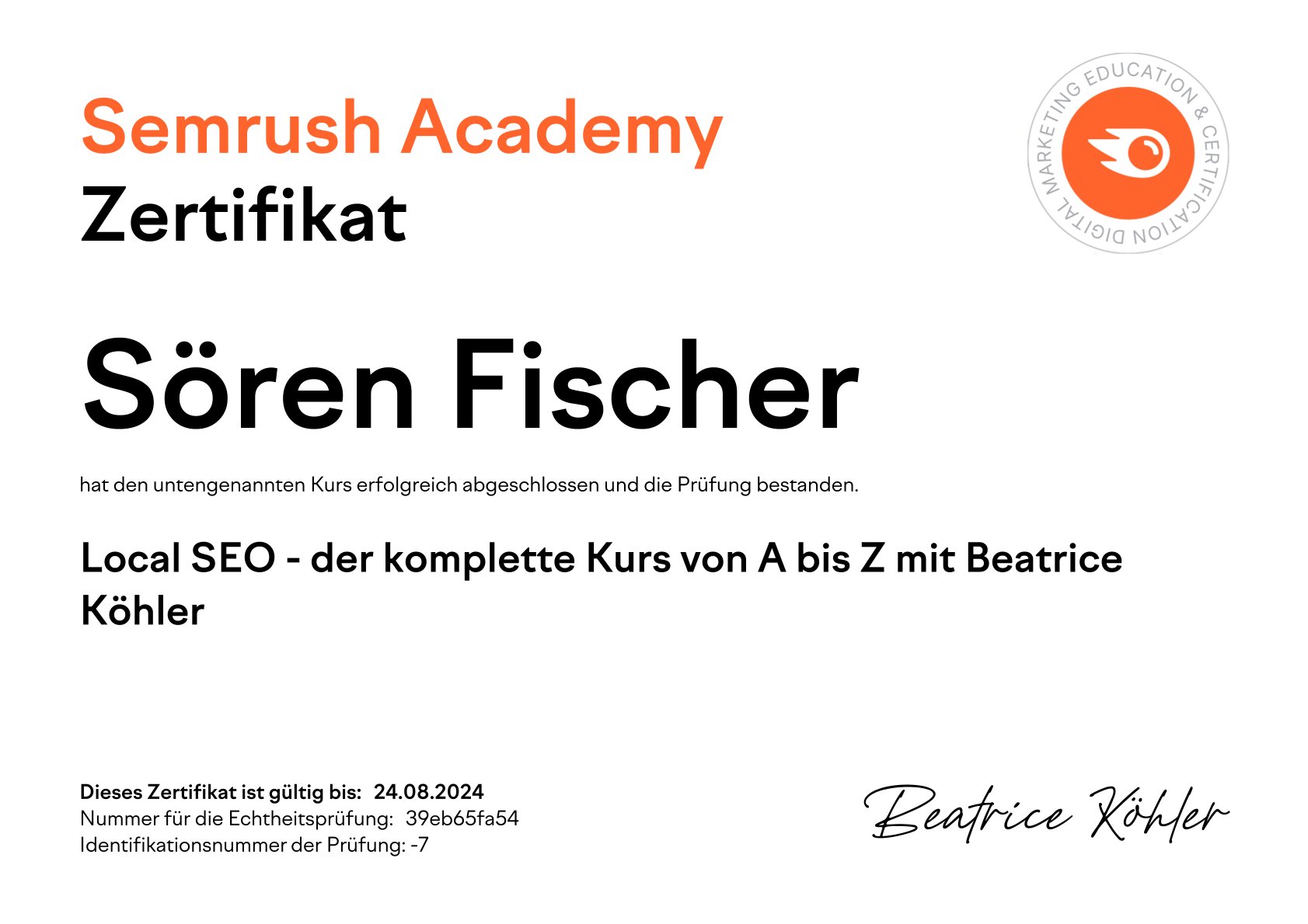 Klass & Fischer Zertifikat