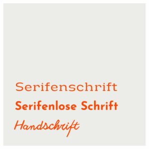 Optische Beispiele für Serifenschrift, serifenlose Schrift und Handschrift