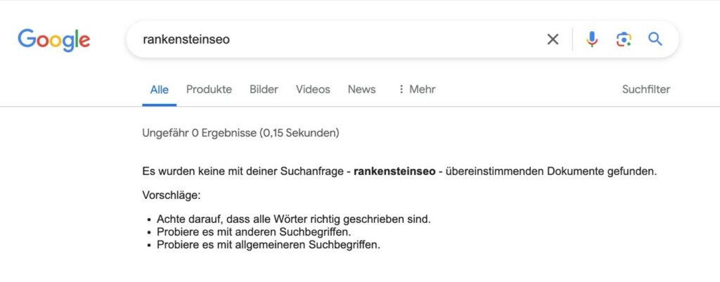 Abbildung 3: Leere Suchergebnisse zum Start der Challenge zum Keyword „rankensteinseo“