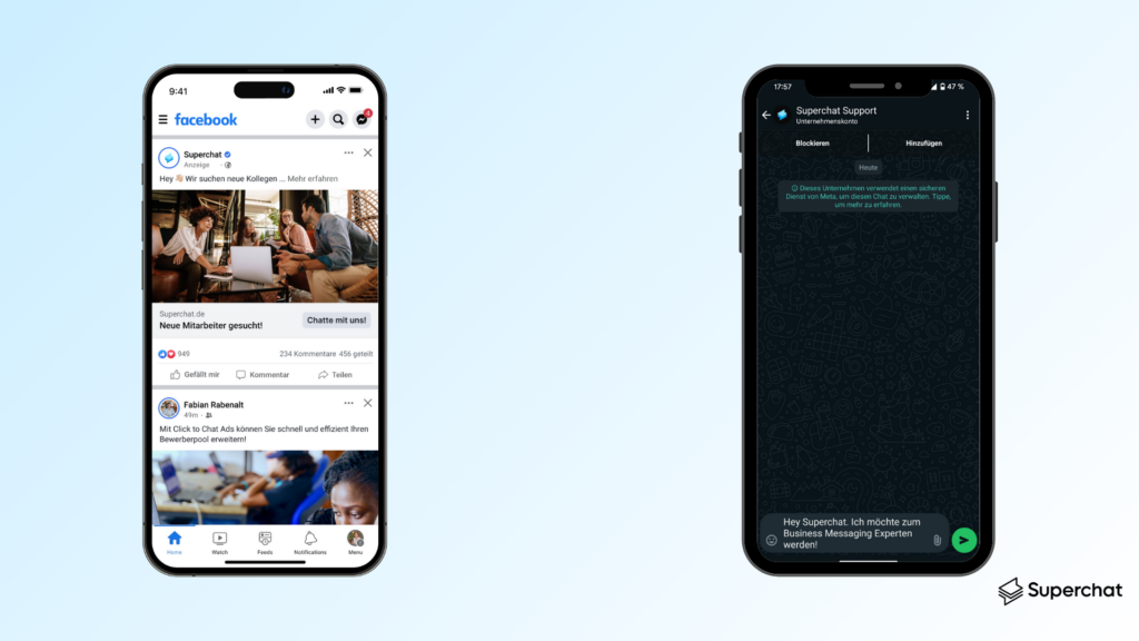 Beispiel einer Click to Chat Ad bei Facebook mit hinterlegter Nachricht in WhatsApp. Quelle: Superchat.de